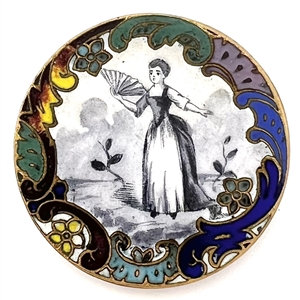 A 19th c. enamel button of woman with a fan.