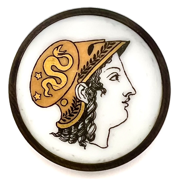 A 19th c. Polychrome painted Liverpool transfer button of Minerva/Athena.