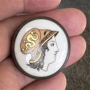 A 19th c. Polychrome painted Liverpool transfer button of Minerva/Athena.