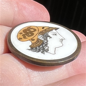 A 19th c. Polychrome painted Liverpool transfer button of Minerva/Athena.