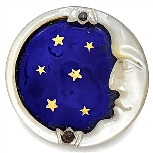 A 19th c. Carved pearl button of “man in the moon" with enamel sky and stars.