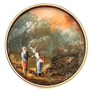 An 18th c. Painting under glass of a couple in a landscape scene.