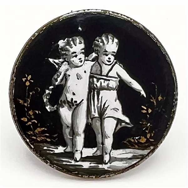 “En Grisaille" enamel on black background with gold accents of cherub and child.