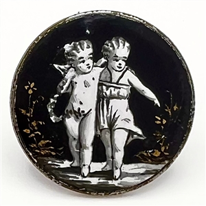 “En Grisaille" enamel on black background with gold accents of cherub and child.