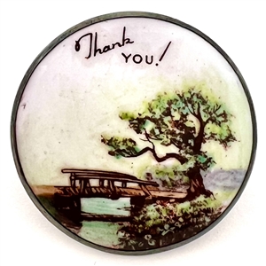 Motiwala enamel button of a bridge and tree and verbal “Thank you!"