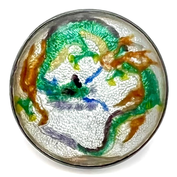 Japanese Gin bari foil enamel button of a green dragon set in silver.