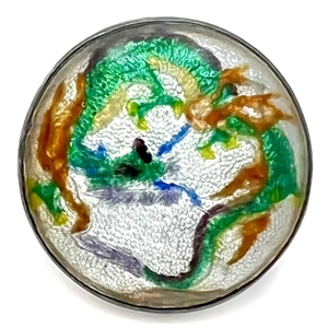 Japanese Gin bari foil enamel button of a green dragon set in silver.