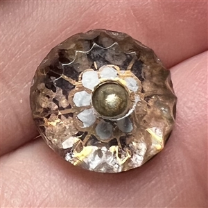 RARE pin shank kaleidoscope glass button with back mark!
