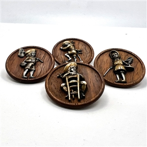 Rare set of four wooden buttons of Victorian children doing activities. 