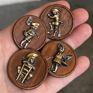 Rare set of four wooden buttons of Victorian children doing activities. 