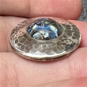 Arts and crafts hammered silver button with “art glass popper by Wilhelm Stöffler. 