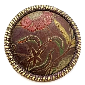 UNUSUAL Div I leather embossed & tinted button of a flower and plants. 