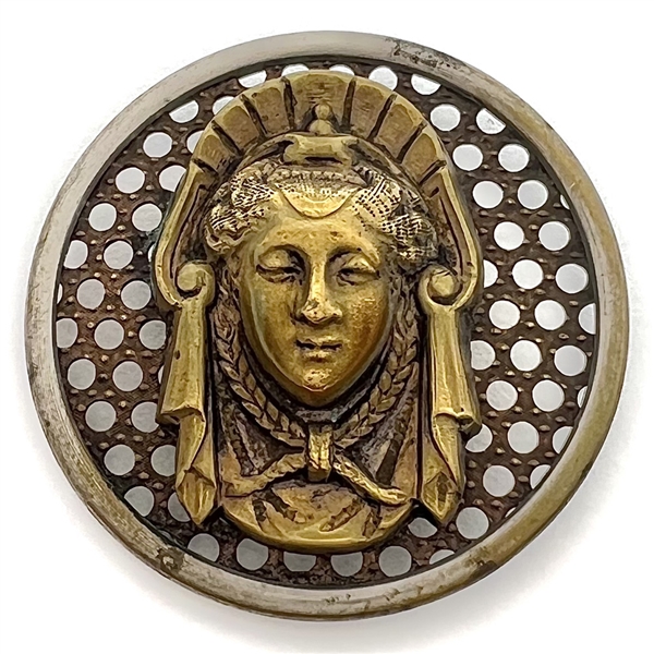 Brass screen back button of a royal womans head.