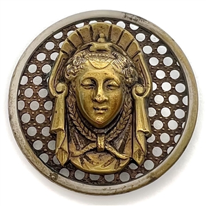 Brass screen back button of a royal womans head.