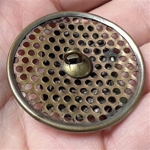 Brass screen back button of a royal woman's head.