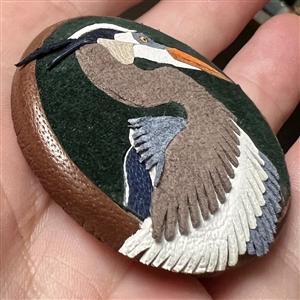 Unique leather studio button of a heron by Diane Wieler. 