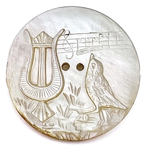 Pearl button of music - a harp, musical staff with notes and a singing bird.