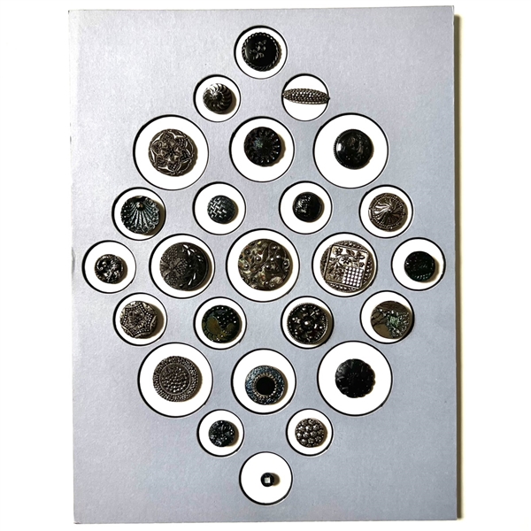 Competition/display card of twenty five Div I black glass buttons with lusters. 