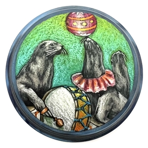 Atlee studio button of a circus seals performing.