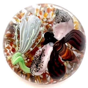 Will Stokes glass paperweight studio button of a thistle and butterfly.