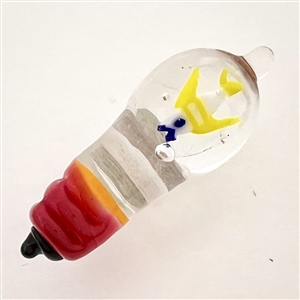 Michael S. Edmondson lamp worked glass studio button of a fish swimming in a light bulb.
