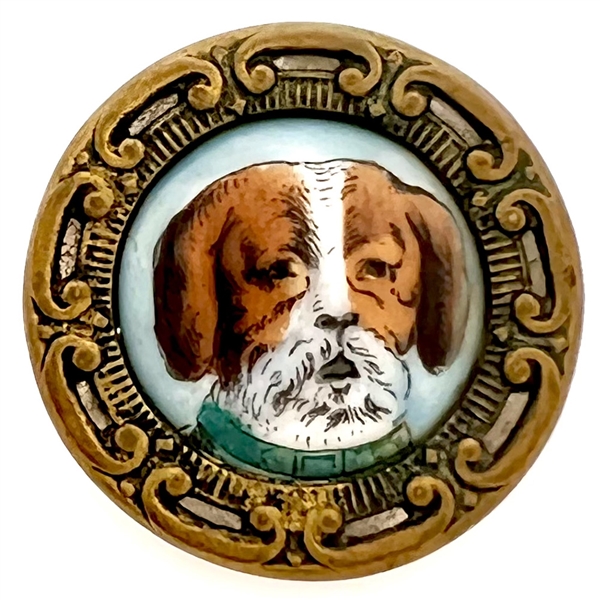 Porcelain in metal button of a dogs face.