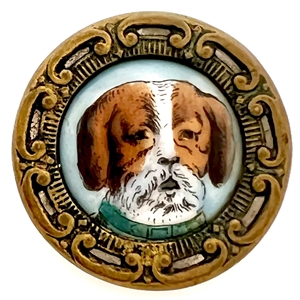 Porcelain in metal button of a dogs face.