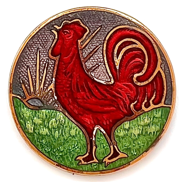 Rooster and rising sun basse-taille enamel button. 