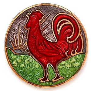 Rooster and rising sun basse-taille enamel button. 