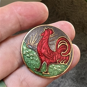 Rooster and rising sun basse-taille enamel button. 