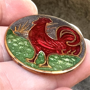 Rooster and rising sun basse-taille enamel button. 
