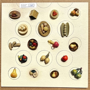 FABULOUS card of eighteen food and object buttons by Marion Weeber.