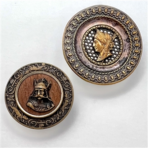 Two brass buttons of people including Lohengrin.