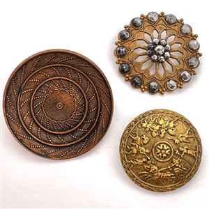 Three stamped metal buttons including transportation.