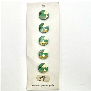 Set of five Marie Christine Pavone buttons of mamma duck and ducklings on original store card.