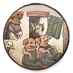 Printed paper under glass set in metal button of barnyard animals.