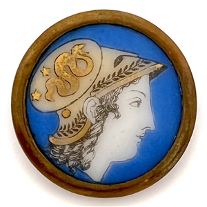 A 19th c. Polychrome painted Liverpool transfer button of Minerva/Athena.