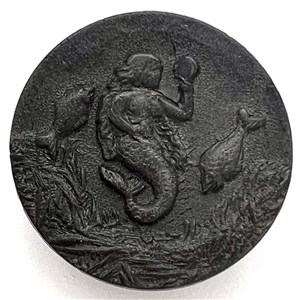 FABULOUS horn button of a mermaid under water with fish. 