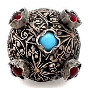 Peasant silver button - hollow dome with applied filigree and gemstones.