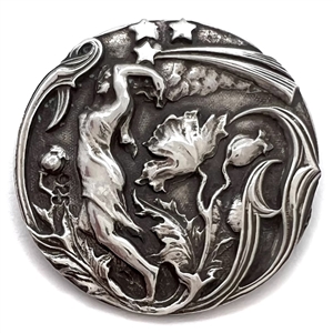 Art Nouveau silver button with woman, shooting stars, and poppies.