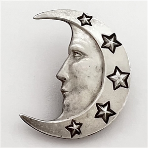 Silver button of man in the moon crescent face and stars.