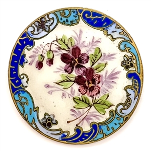 A 19th c. Enamel button of pansies with a champlevé border. 
