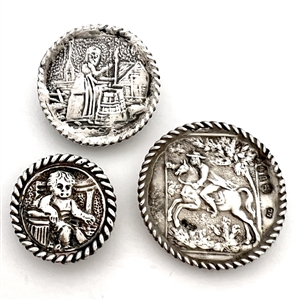 Three silver buttons of people doing things.