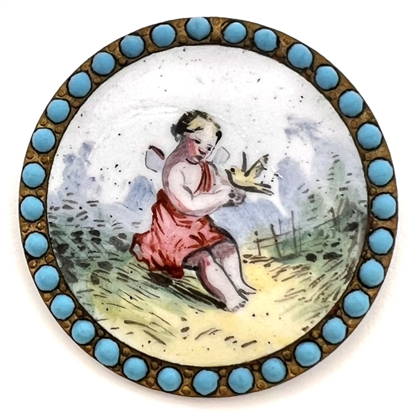 “Cherub with a Bird" painted enamel button with encrusted blue enamel border.