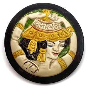 Fabulous vintage painted casein button of a dancing woman. 