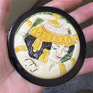 Fabulous vintage painted casein button of a dancing woman. 
