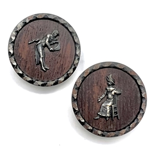 Two Fops buttons with wood backgrounds and cut-steel rims of Incroyable and Merveilleuse.