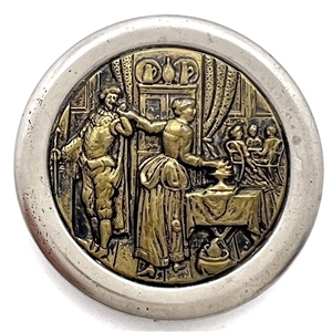 Brass button of “Loves Service" - a genre scene with much detail.