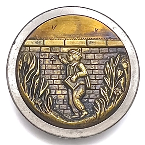 Brass button of “Chase of Pleasure" - a schoolboy, slate in hand about to swat a fly.