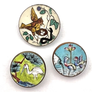 Three adorable enamel buttons of birds.